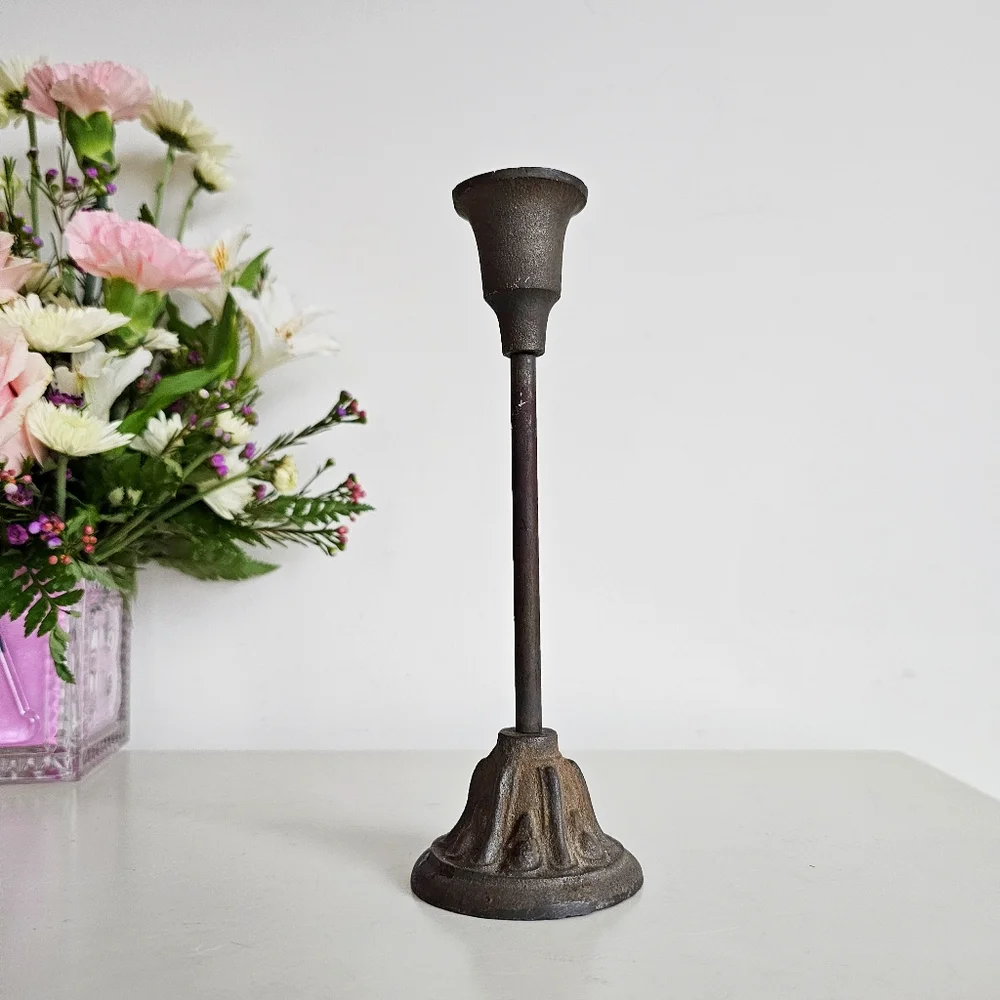 Antique Wrought Cast Iron Goth Candlestick Pillar CandleHolder & Green Candle